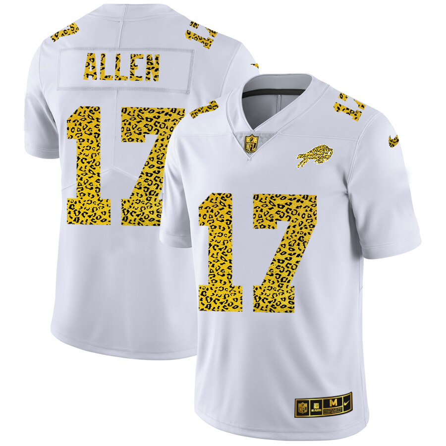 Custom Buffalo Bills 17 Josh Allen Men Nike Flocked Leopard Print Vapor Limited NFL Jersey White